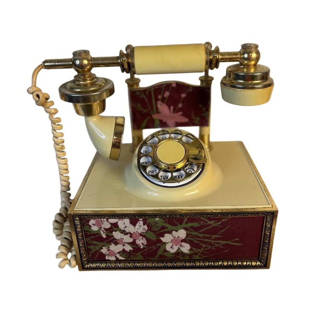 Vintage French Provincial Rotary Dial Telephone Cream Gold Floral Embroidery
